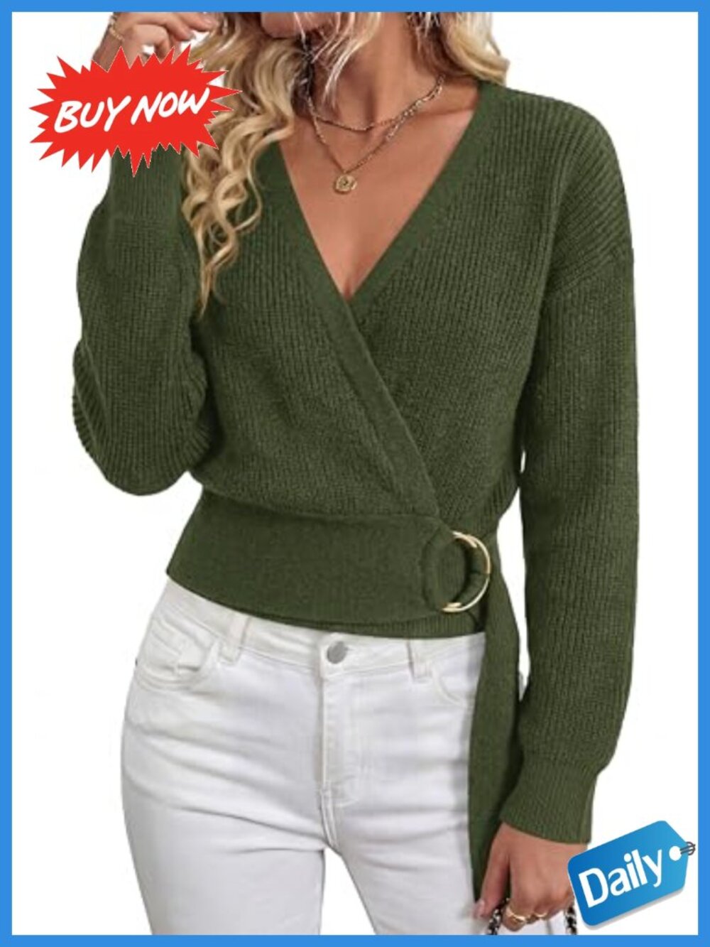 Womens Long Sleeve V Neck Belted Sweater Cropped Pullover